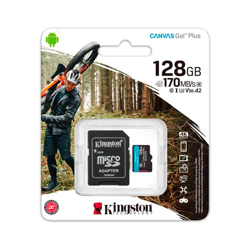 [SDCG3/128GB] Kingston Canvas Go! Plus - Tarjeta de memoria flash (adaptador microSDXC a SD Incluido) - 128 GB - A2 / Video Class V30 / UHS-I U3 / Class10 - microSDXC UHS-I