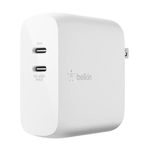 [WCH003dqWH] Cargador de pared Belkin Tecnología GaN - 68 vatios - 3 A - Fast Charge, PD - 2 conectores de salida (USB-C) Color blanco