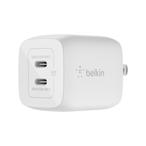 [WCH011dqWH] Adaptador de corriente Belkin BOOST CHARGE PRO - tecnología PPS y GaN - 45 vatios - 3 A - Fast Charge, PD 3.0 - 2 conectores de salida (2 USB-C) - blanco