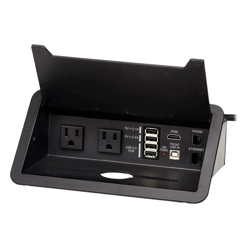 Tripp Lite Power It! 2-Outlet In-Desk Power and Charging Dock - 4x USB-A, USB-B, HDMI, RJ11, RJ45, 10 ft. Cord, Antimicrobial Protection, Black - Banda de potencia (flush mountable) - 15 A - CA 120 V - input: NEMA 5-15P (2 x USB, 2 de NEMA 5-15R) - 3.05 m cable - negro PS222DATAM