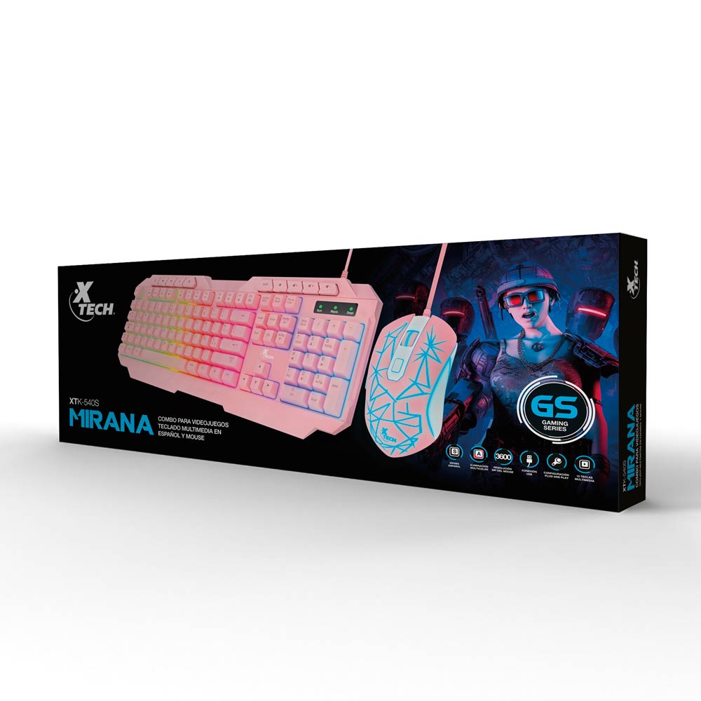 Xtech - Teclado y raton  set - Alambrico - Español - USB - Rosado - Gaming-XTK-540S