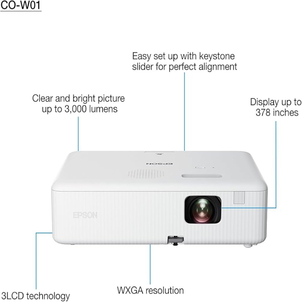 Proyector Epson portátil CO-W01 LCD - 3000 lúmenes (blanco) - WXGA (1280 x 800) - 16:10 - 720p - 1 año de garantía