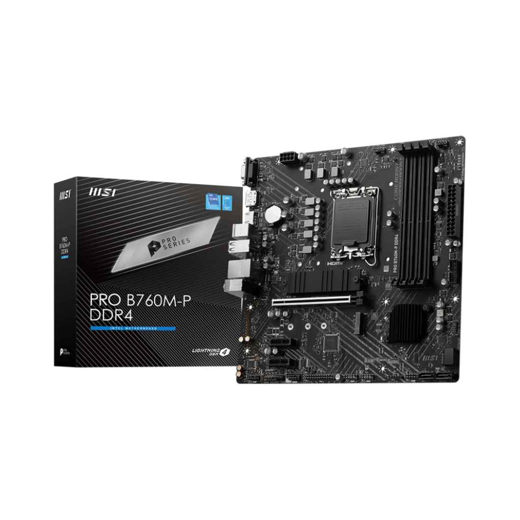 Motherboard MSI PRO B760M-P DDR4 micro ATX Socket LGA1700 B760 Chipset USB 3.2 Gen 1, USB-C 3.2 Gen2 Gigabit LAN Tarjeta gráfica (CPU necesaria) HD Audio (8-canales)