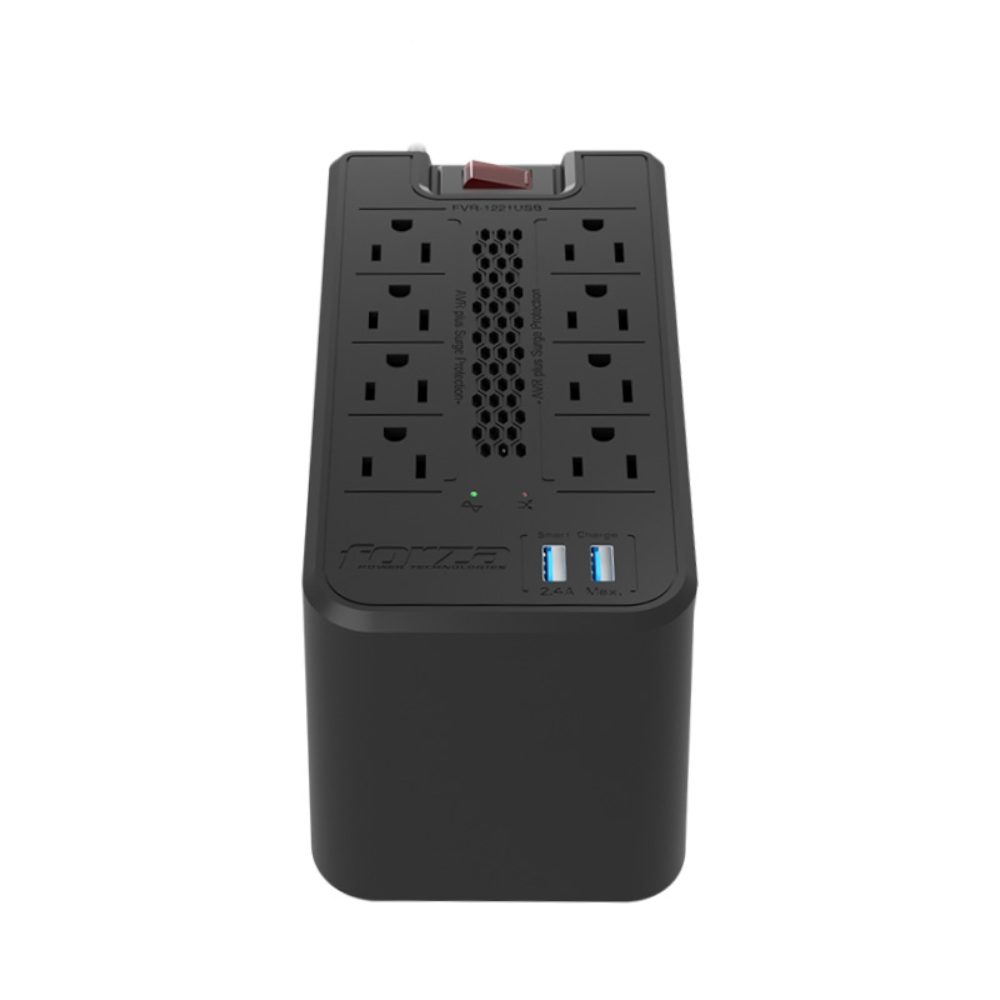 Regulador de voltaje automático Forza - AC 110 V - 8 Tomas de Corriente - 1200 VA - 600W NEMA 5-15 2-USB