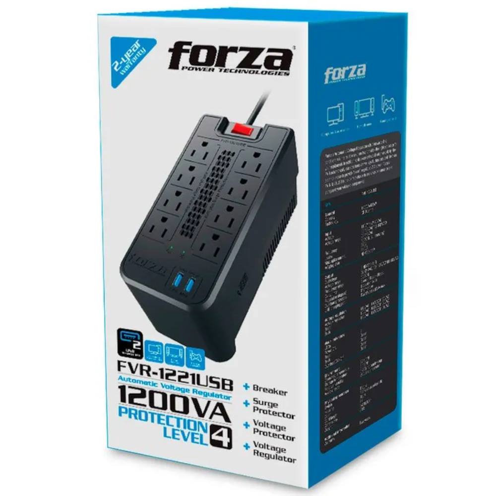 Regulador de voltaje automático Forza - AC 110 V - 8 Tomas de Corriente - 1200 VA - 600W NEMA 5-15 2-USB