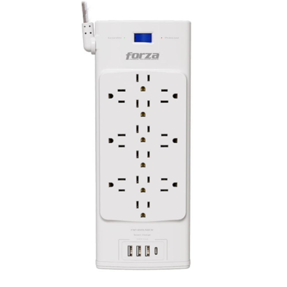 Forza - Protector de aumento  - AC 110/220 V - 12 Tomas de Corriente - 3-USBA/1C 2700J WH