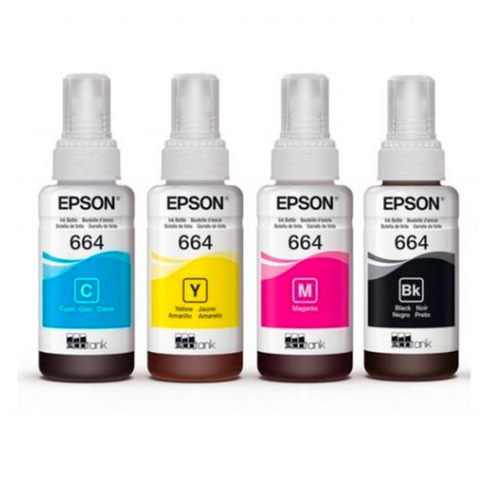 Tinta Epson Negro, Cyan, Magenta, Amarillo  CUATRO(T664 )L110 / L120/ L121/L200 / L210 / L220 / L300/L310 /L350 / L355 / L365 / L375 / L380 / L395 / L396 / L455 / L475 / L495 / L555 / L565 / L575 / L1300