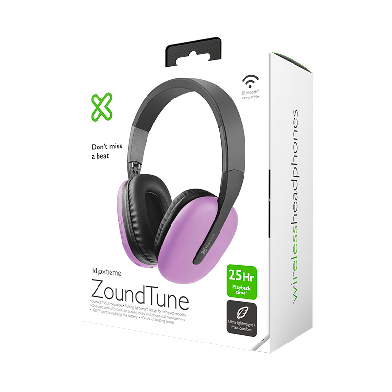 Klip Xtreme - KWH-010PR - Headphones - Para Home audio / Para Portable electronics / Para Professional audio / Para Cellular phone - Wireless - 25Hrs - Purple - BT