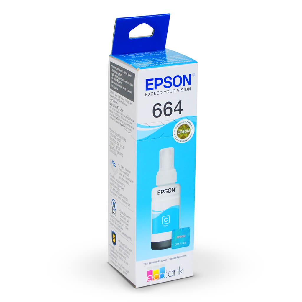 Tinta Epson Cyan (T664 ) de 70ml L110 / L120/L121/ L200 / L210 / L220 / L300/L310 /L350 / L355 / L365 / L375 / L380 / L395 / L396 / L455 / L475 / L495 / L555 / L565 / L575 / L1300