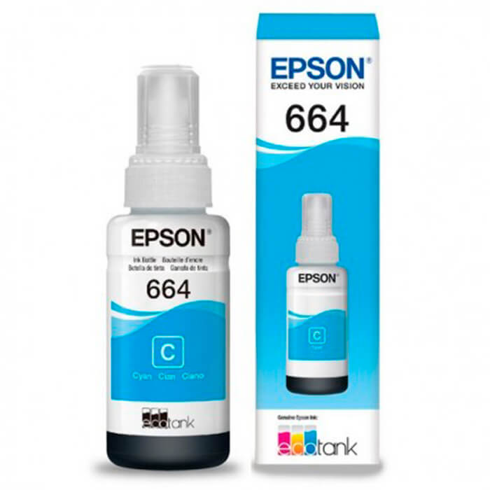 Tinta Epson Cyan (T664 ) de 70ml L110 / L120/L121/ L200 / L210 / L220 / L300/L310 /L350 / L355 / L365 / L375 / L380 / L395 / L396 / L455 / L475 / L495 / L555 / L565 / L575 / L1300