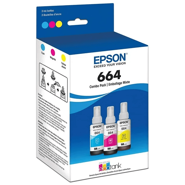 Tinta Epson Cyan, Magenta, Amarillo TRIO (T664) de 70ml L110 / L120/ L121/L200 / L210 / L220 / L300/L310 /L350 / L355 / L365 / L375 / L380 / L395 / L396 / L455 / L475 / L495 / L555 / L565 / L575 / L1300