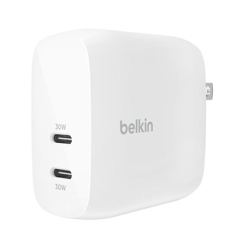 Adaptador de corriente Belkin - tecnología PPS - 60 vatios - 2.7 A - Fast Charge, Suministro de energía 3.1 - 2 conectores de salida (2 USB-C) - blanco