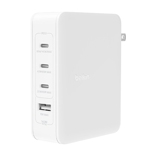 Adaptador de corriente Belkin - tecnología GaN - 140 vatios - Fast Charge, Suministro de energía 3.1 - 4 conectores de salida (USB, 3 USB-C) - blanco