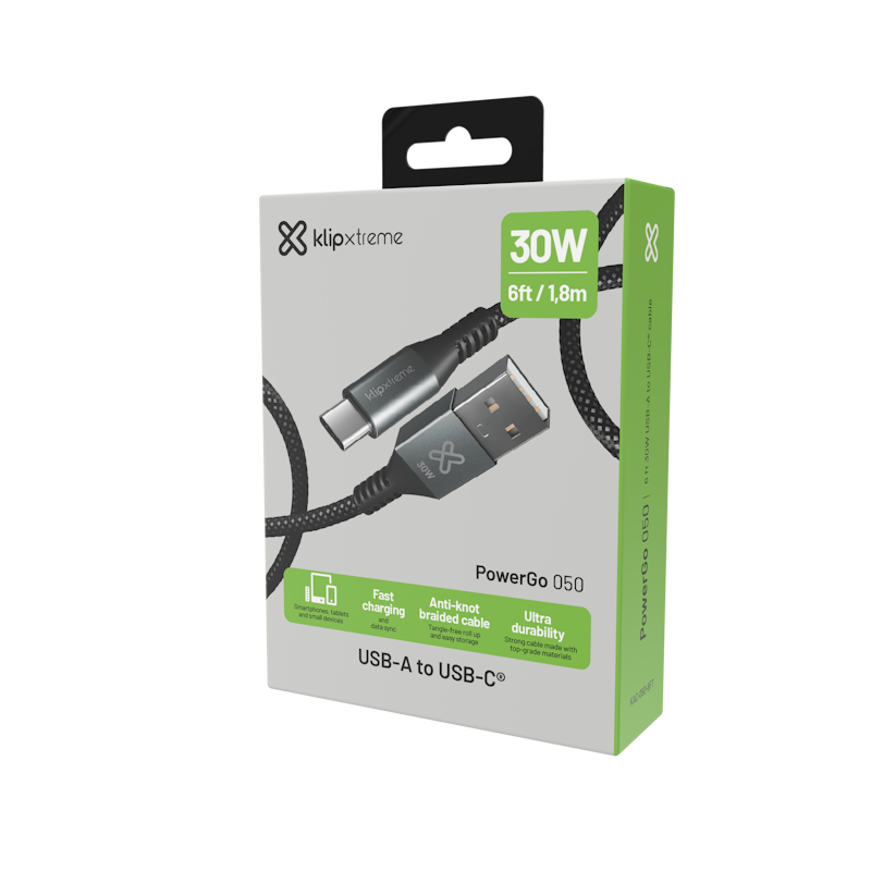 Klip Xtreme - USB cable - 24 pin USB-C - 9 pin USB Type A - 1.8 m - Black - 30W Braided Fast charging