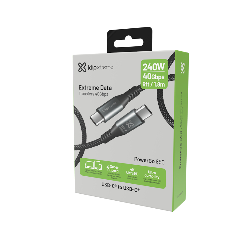 Klip Xtreme - USB cable - 24 pin USB-C - 1.8 m - Black - 240W 40Gbps Braided Fast Charg