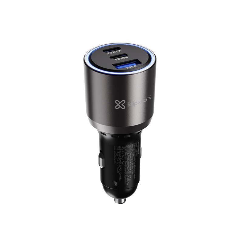 Klip Xtreme KCC-140 - Car power adapter - 140 Watt - 2 x 24 pin USB-C / 9 pin USB Type A - Cellular phone / Tablet - Car - Para Smartphones, tablets, small devices