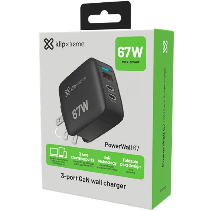 Klip Xtreme - Power converter / charger - 67 Watt - 2 x 24 pin USB-C / 9 pin USB Type A - Laptop / Macbooks / Notebook / Cellular phone / Tablet - Wall - Para Smartphones, tablets, small devices