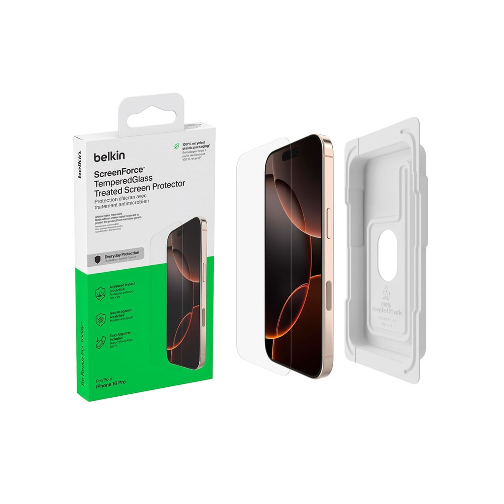 Protector de pantalla de vidrio templado con tratamiento para iPhone 16 Pro.