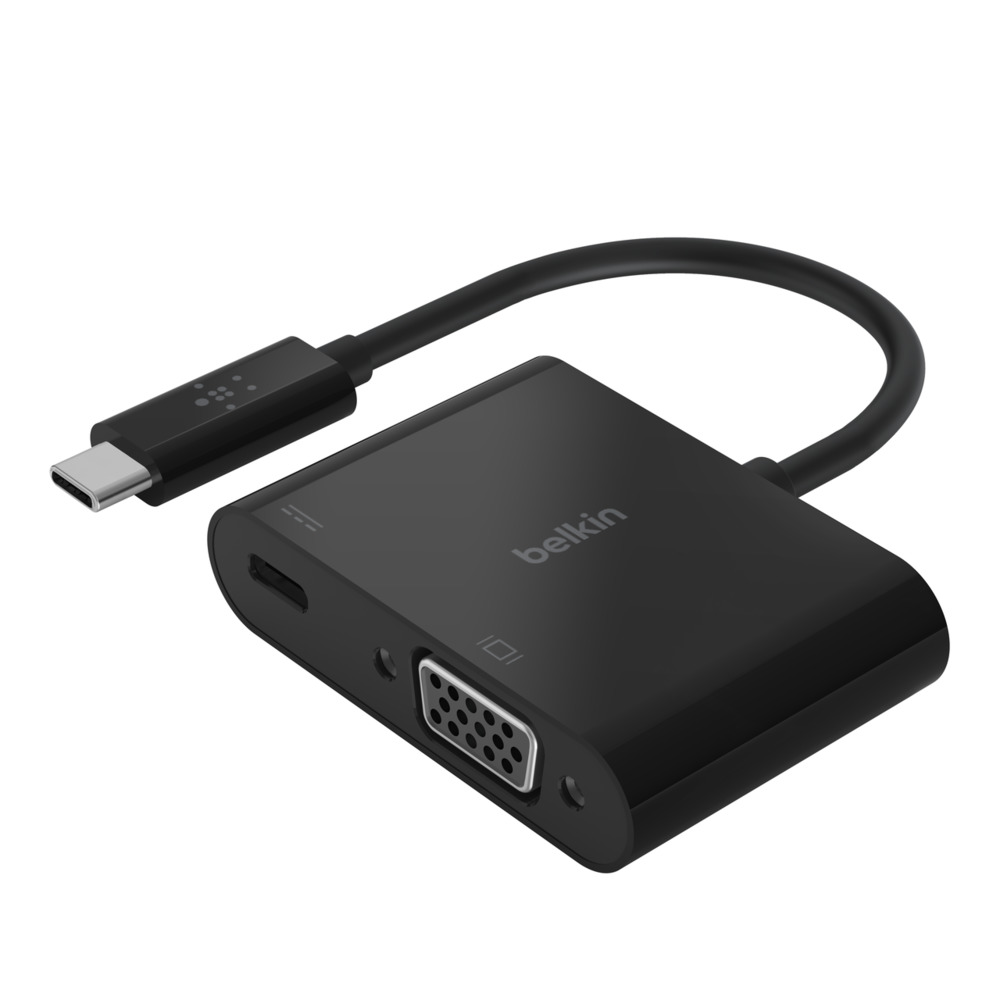 Adaptador USB-C a VGA Belkin Carga, admite resolución de vídeo HD 1080p, 60 W de Corriente por Pass-Through para los Dispositivos conectados, Adaptador VGA para MacBook Pro, Negro