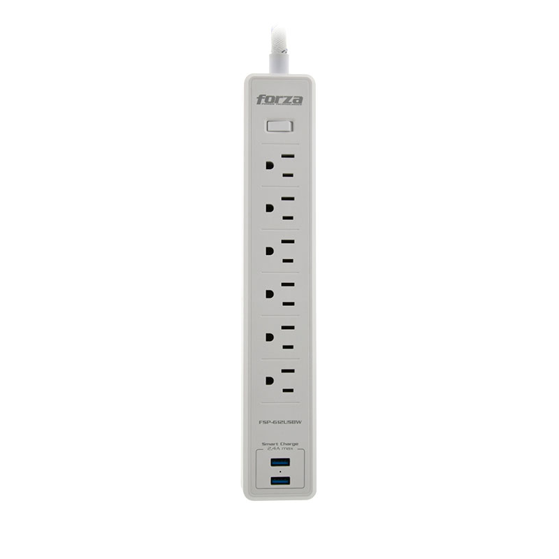Protector de sobretensión Forza - AC 110/220 V - 6 Tomas de Corriente - NEMA 2USB 5ft WH