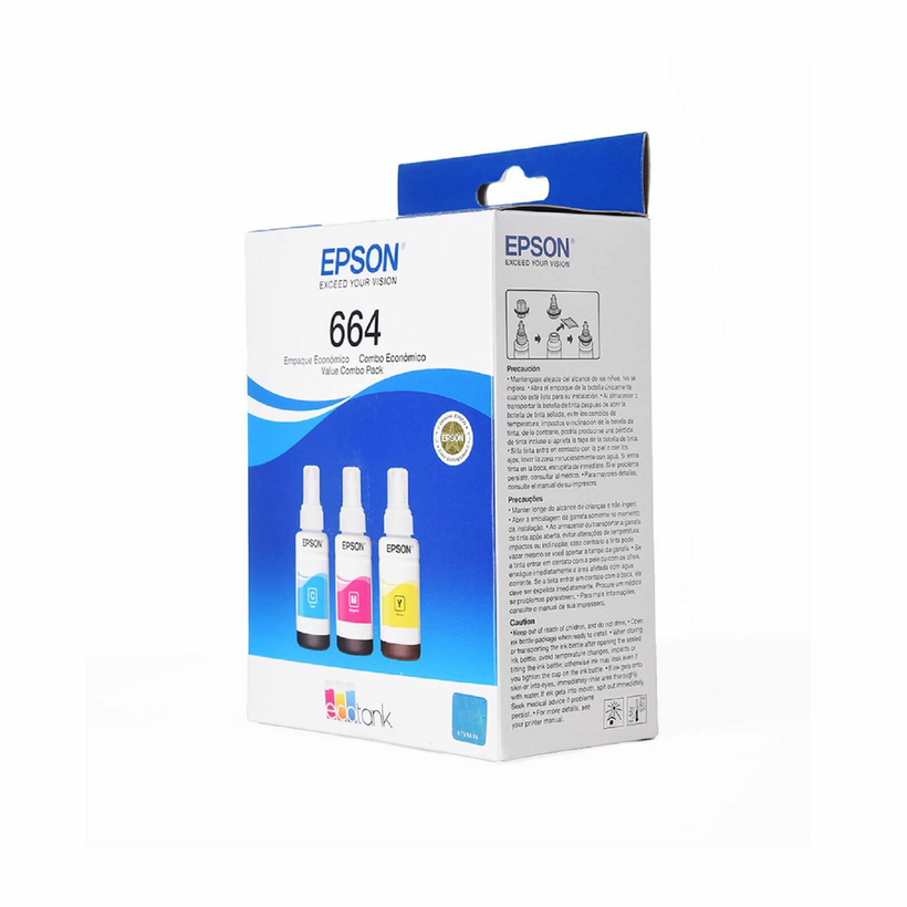 Pack de Tintas Epson Cyan, Magenta, Amarillo TRIO (T664) de 70ml L110 / L120/ L121/L200 / L210 / L220 / L300/L310 /L350 / L355 / L365 / L375 / L380 / L395 / L396 / L455 / L475 / L495 / L555 / L565 / L575 / L1300