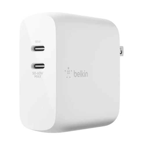 Cargador de pared Belkin Tecnología GaN Carga rápida, 2x USB-C Color blanco 68 vatios
