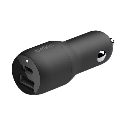 Cargador para carro Belkin Dual 37 vatios PD 3.0 2 conectores de salida (USB, USB-C) Color negro