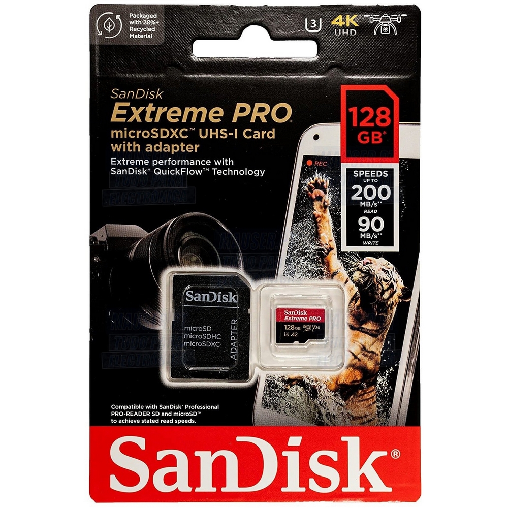 SanDisk Extreme Pro - Tarjeta de memoria flash (adaptador microSDXC a SD Incluido) - 128 GB - A2 / Video Class V30 / UHS-I U3 / Class10 - microSDXC UHS-I