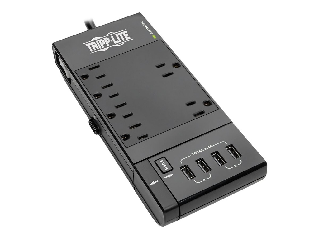 Protector contra sobretensiones Tripp Lite 6-Outlet Surge Protector Power Strip, 4 USB Ports, 6 ft. Cord, 1080 Joules, Diagnostic LED, Black Housing - Protector contra sobretensiones - CA 120 V - 1800 vatios - conectores de salida: 6 - 1.83 m cable - negro