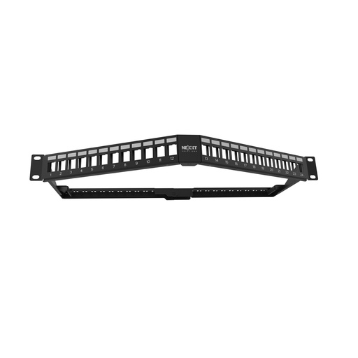 [PCGPSMO1U24ANBK] Panel de parcheo Nexxt Solutions Infrastructure,  Acero laminado en frio, Negro con extrusión de plata, Mod en ángulo SH 24P 1U
